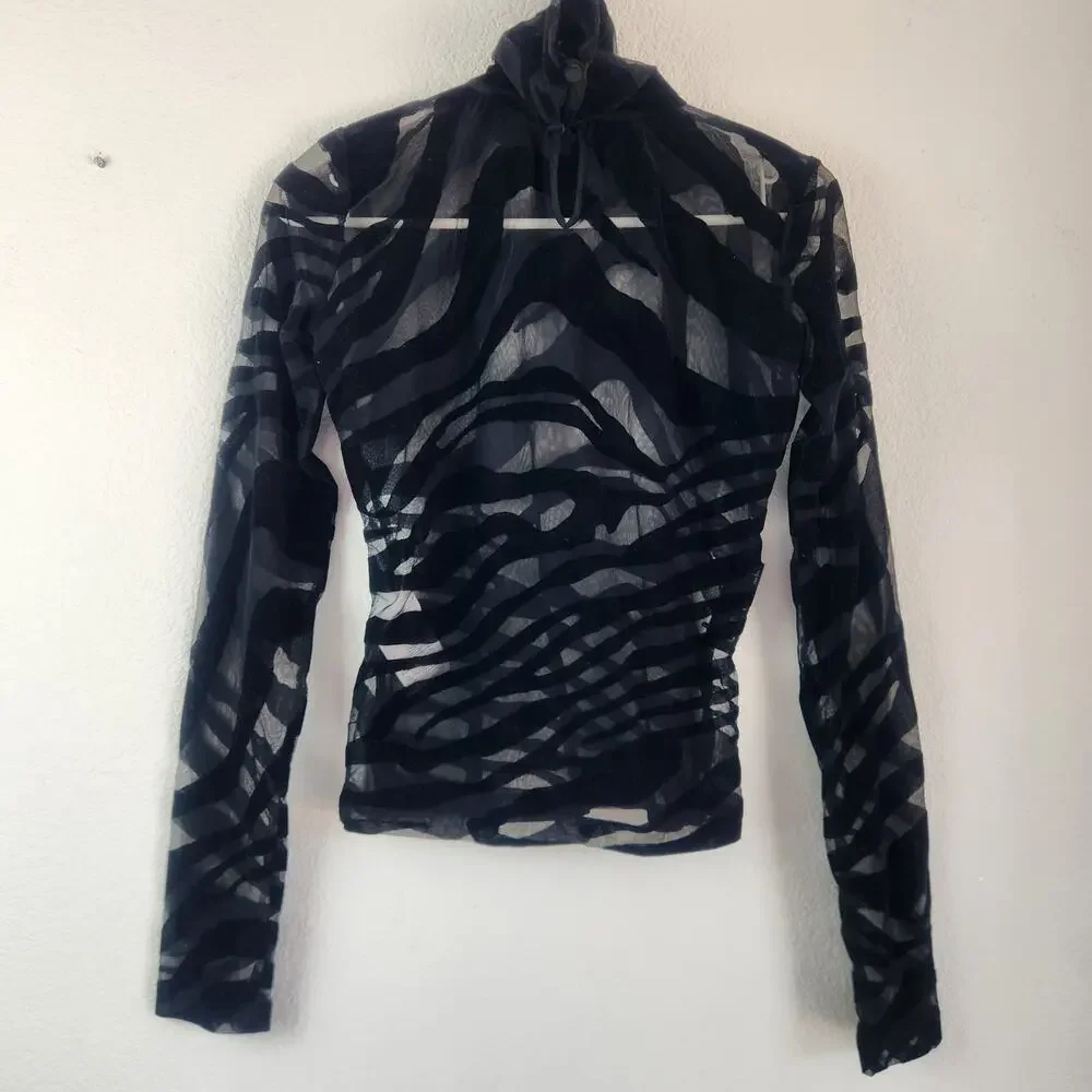 Just Cavalli Black Sheer Top Shirt Long Sleeve Size 40 US Small High Neck Velvet - Picture 4 of 9